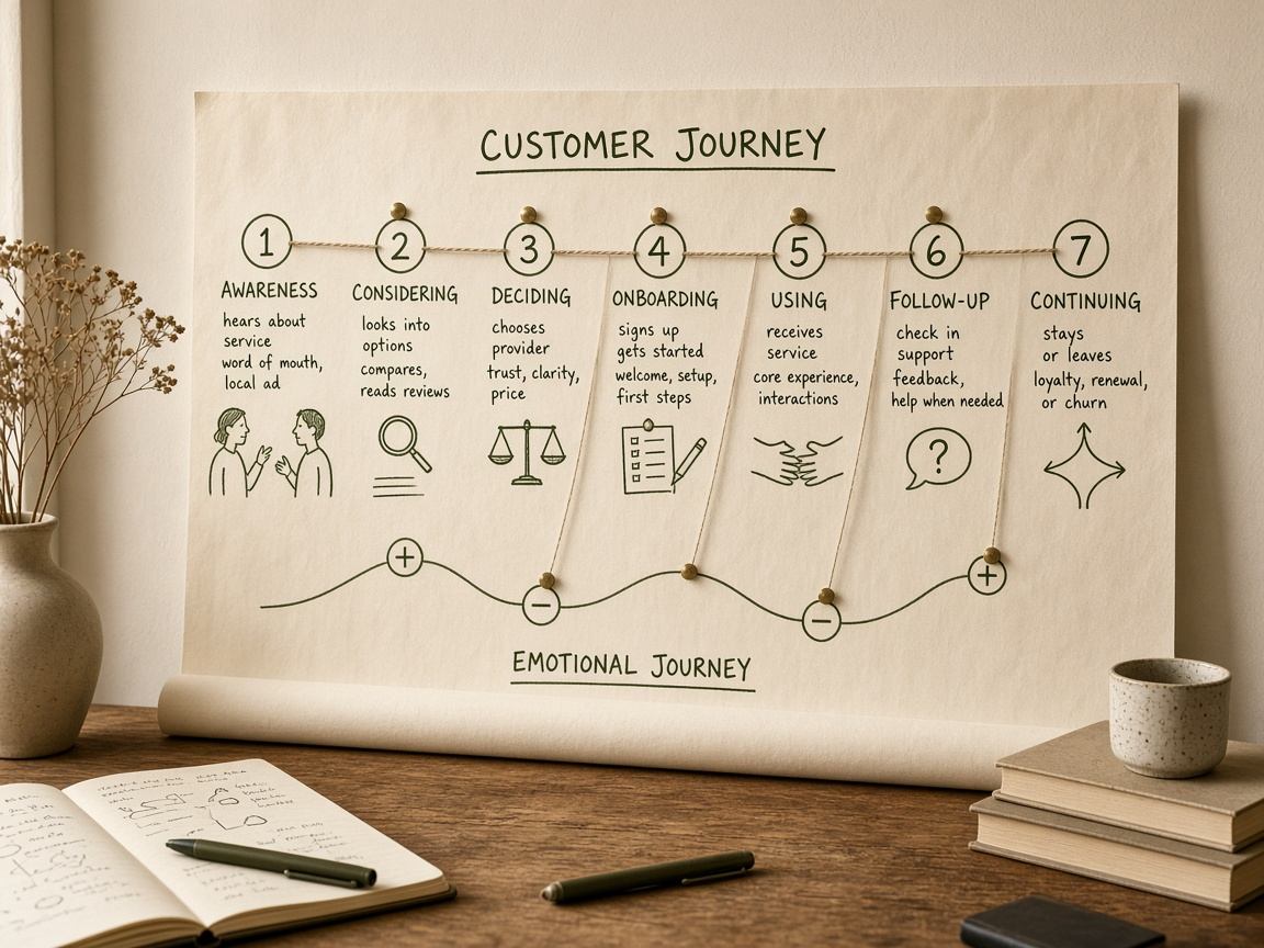B2B buyer journey touchpoint map arranged across a research wall